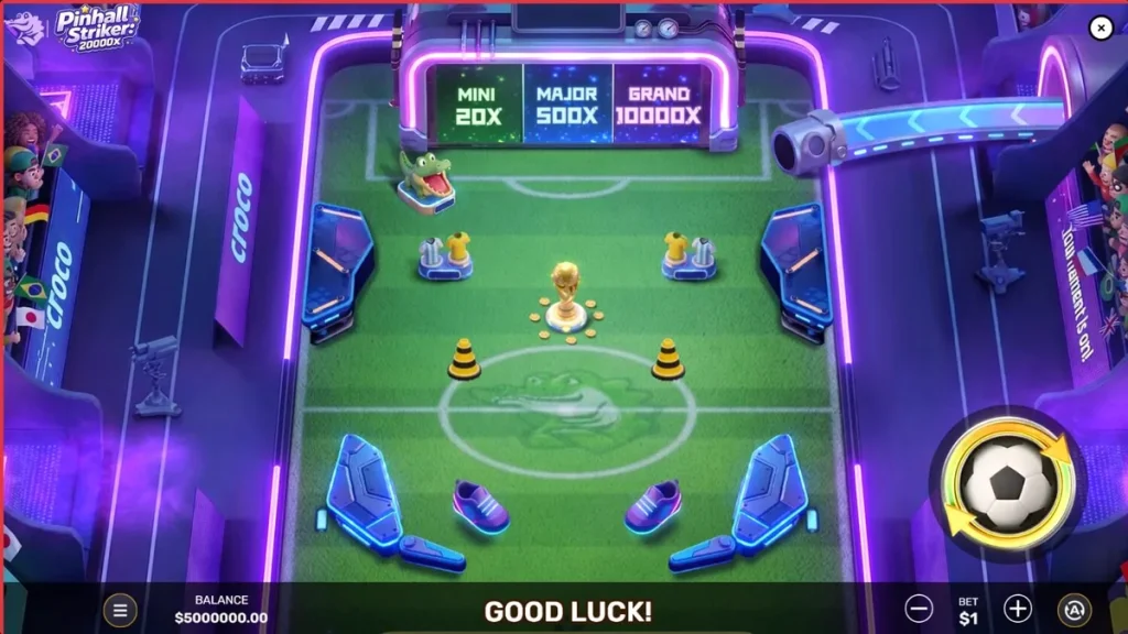 Tampilan layar permainan slot Pinball Striker 20,000x dengan tema stadion neon dan elemen pinball.