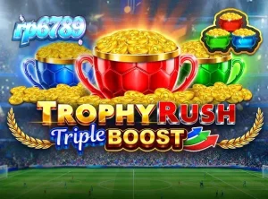 Tampilan visual slot Trophy Rush Triple Boost dengan tema stadion dan koin emas